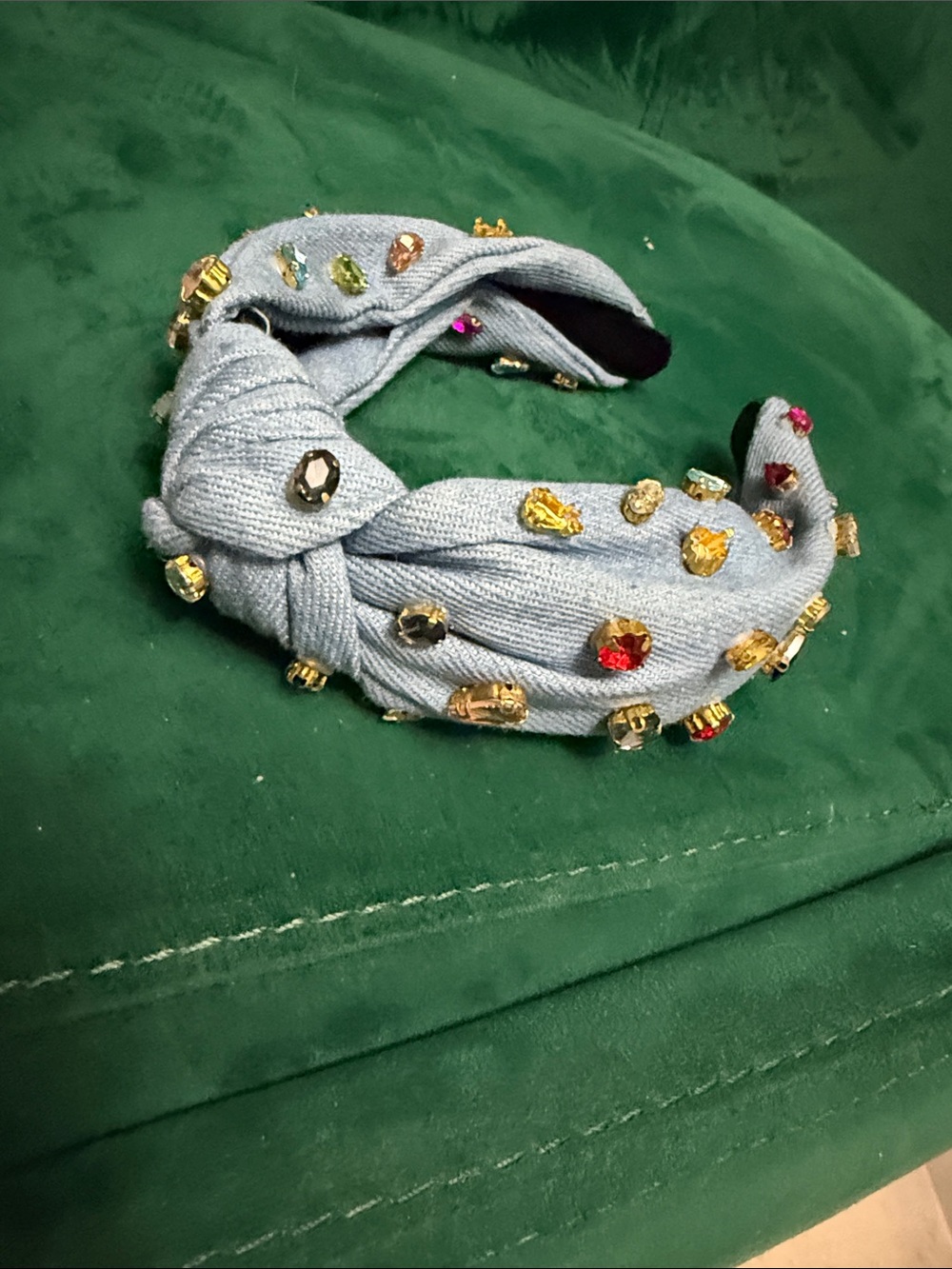 Embellished Light Blue Knotted Headband with Multicolor Gems - Denim Headband